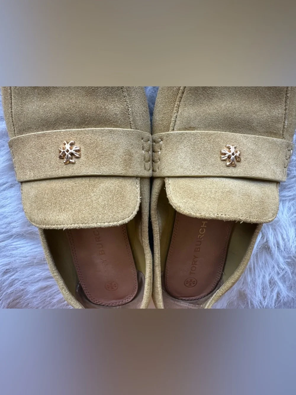 Tory Burch Mustard Yellow Suede Penny Loafers with Gold Emblem Ballet shoes 7.5 - Picture 10 of 16